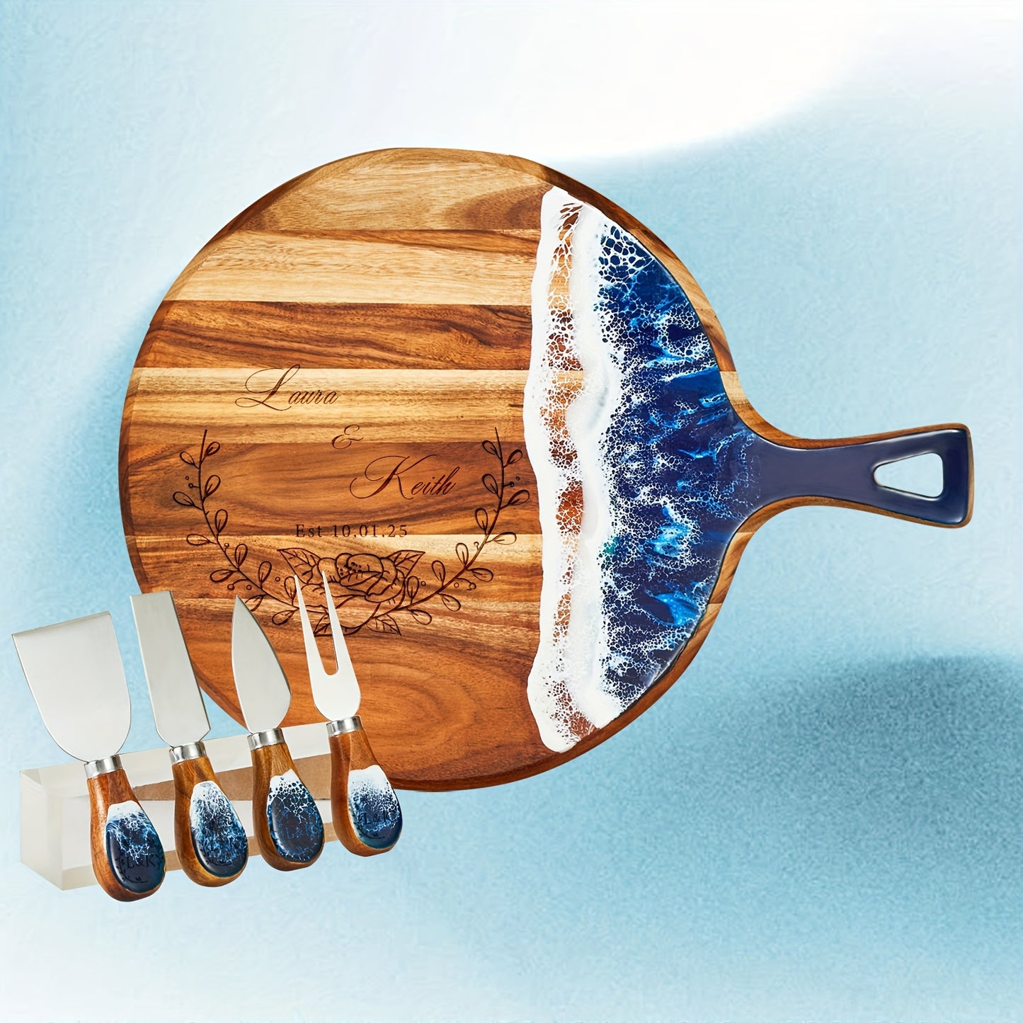 Engraved Wooden Resin Wave Cheese Board