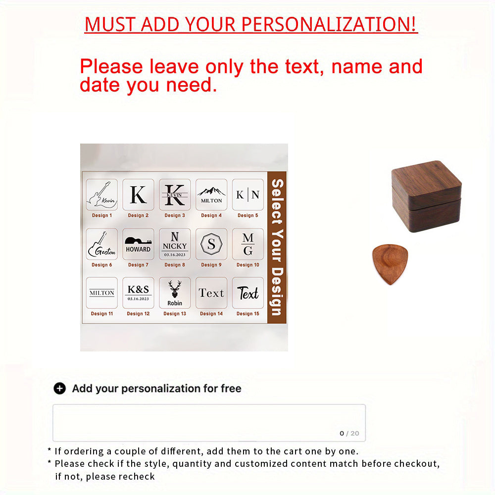Engraved Name Wooden Guitar Picks & Box