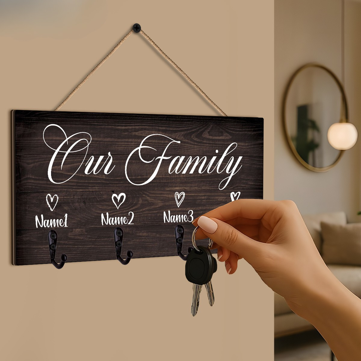 Customizable "Our Family" Wooden Key Holder - Wall-Mounted Entrance