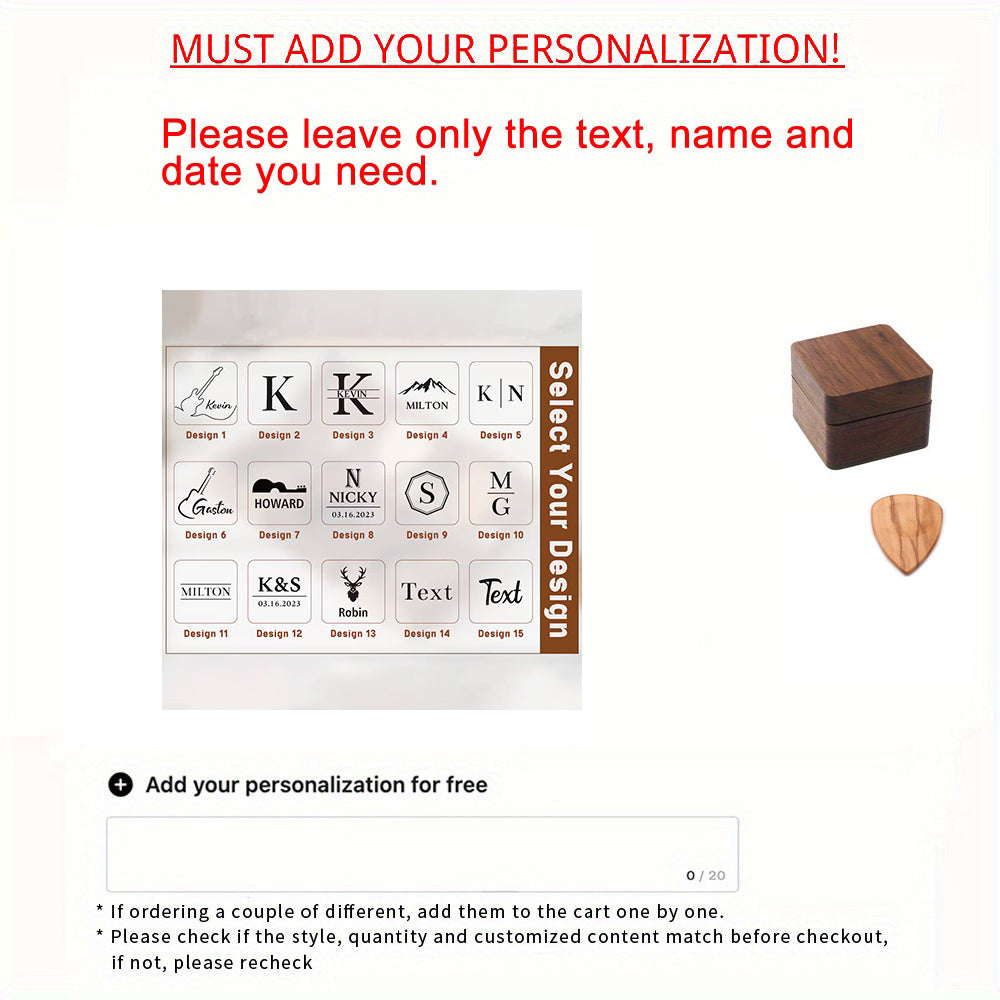 Engraved Name Wooden Guitar Picks & Box