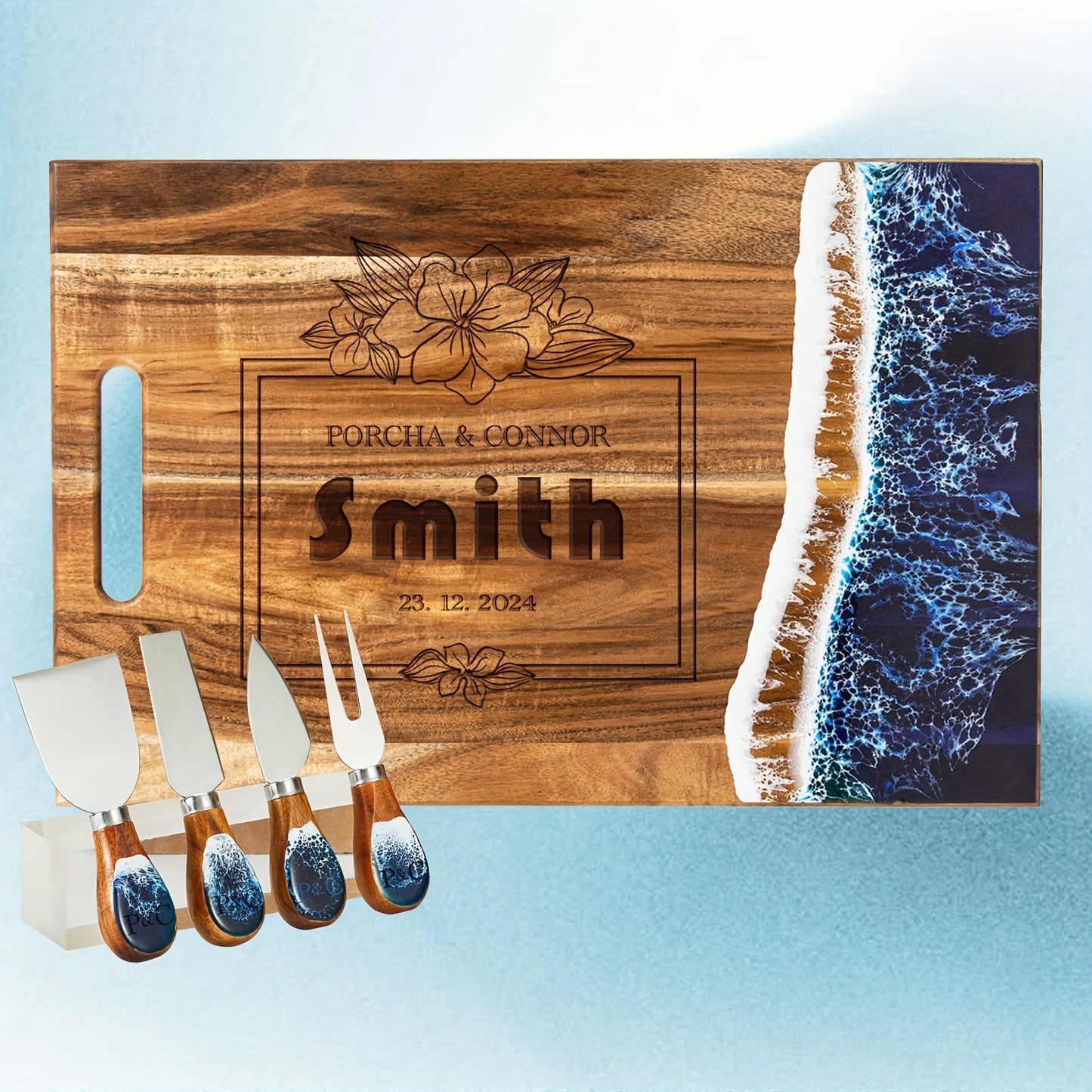 Engraved Wooden Resin Wave Cheese Board