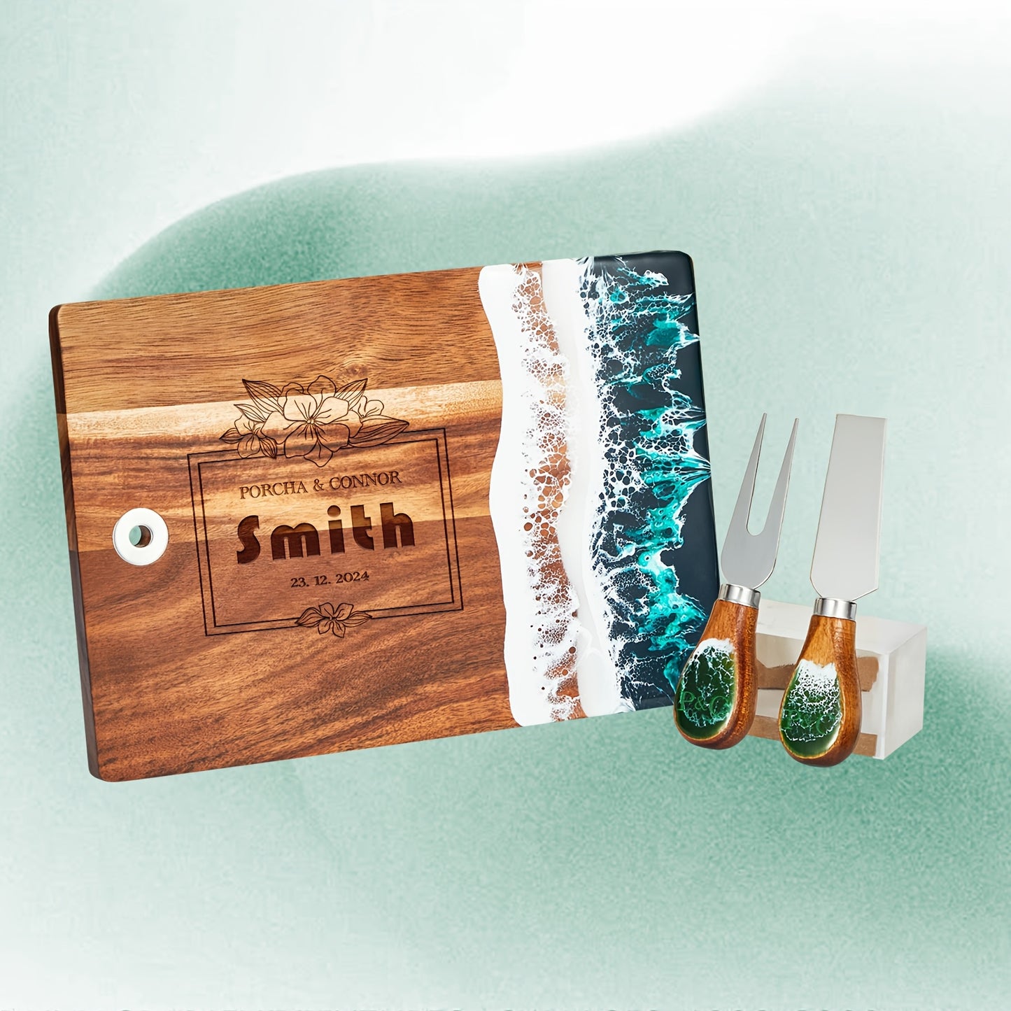 Engraved Wooden Resin Wave Cheese Board