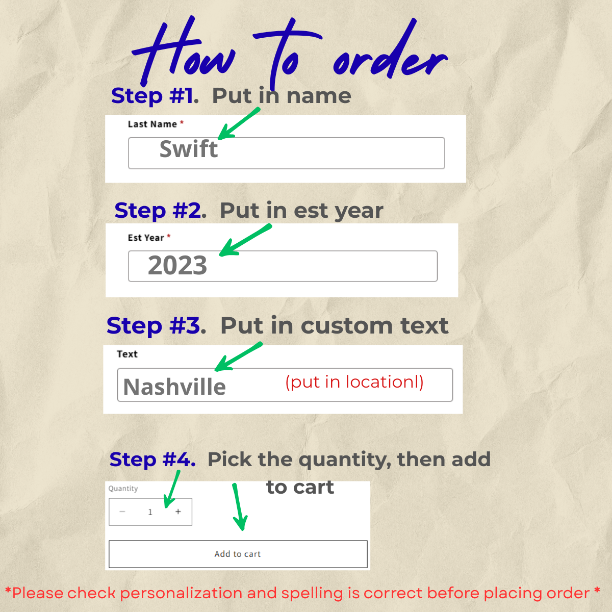 Step-by-step guide on how to order with name, establishment year, and custom text input on a beige background.