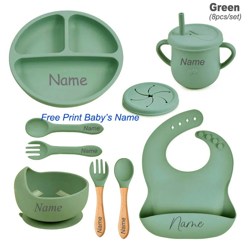 Personalized Name 8Pcs Silicone Kids Tableware Set