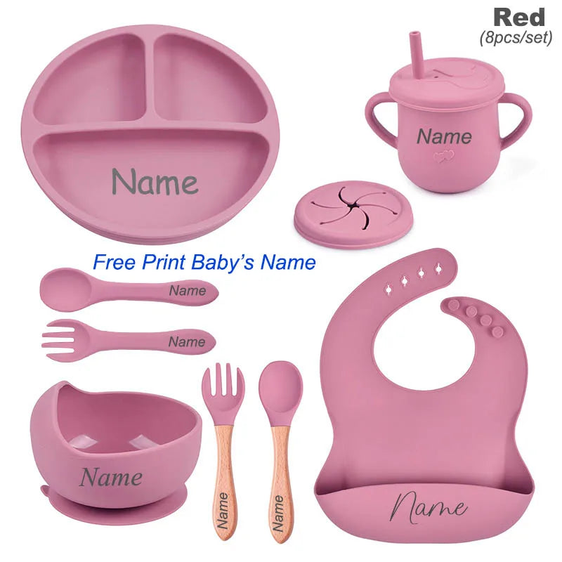 Personalized Name 8Pcs Silicone Kids Tableware Set