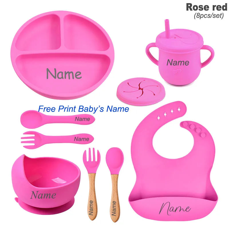 Personalized Name 8Pcs Silicone Kids Tableware Set