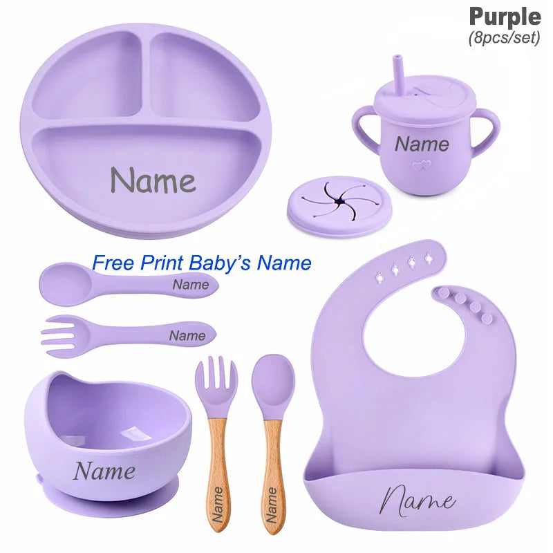Personalized Name 8Pcs Silicone Kids Tableware Set