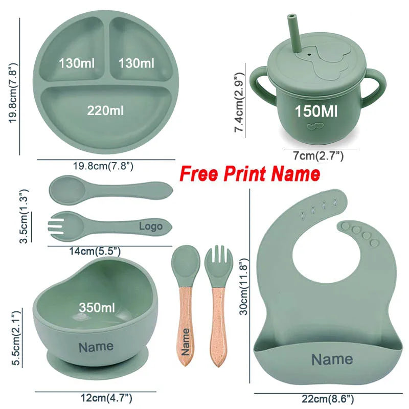 Personalized Name 8Pcs Silicone Kids Tableware Set
