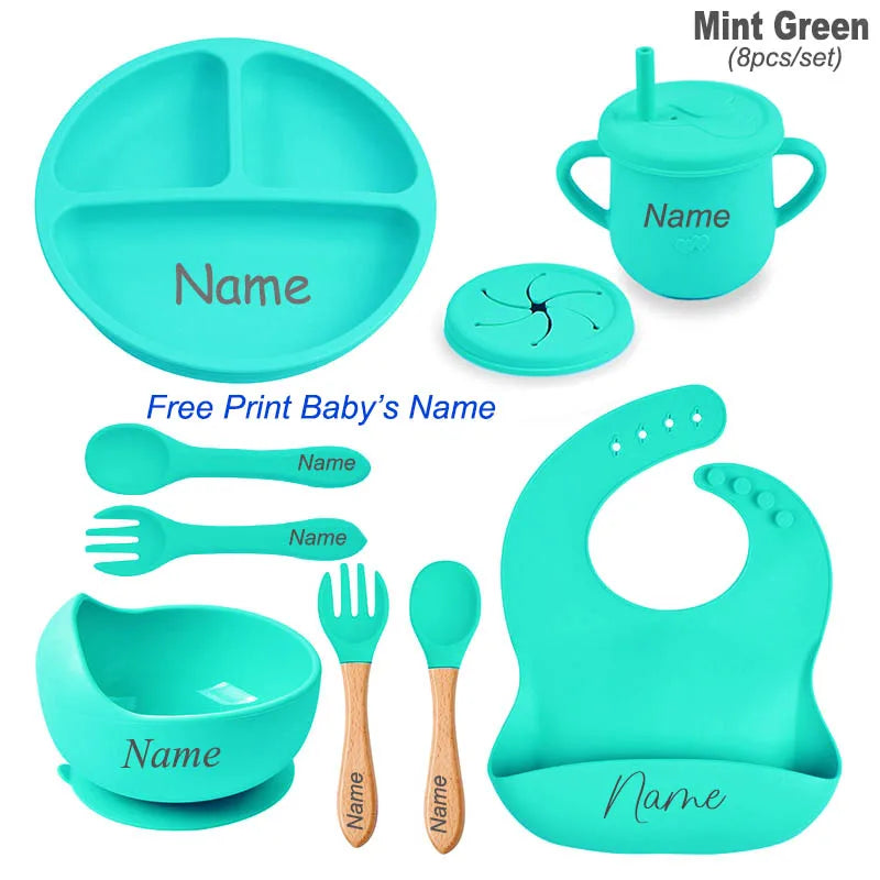 Personalized Name 8Pcs Silicone Kids Tableware Set