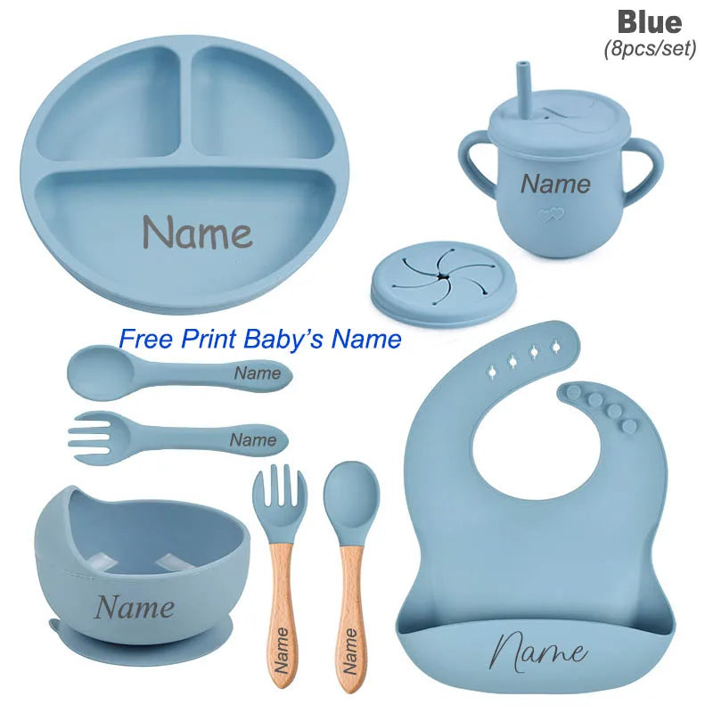 Personalized Name 8Pcs Silicone Kids Tableware Set