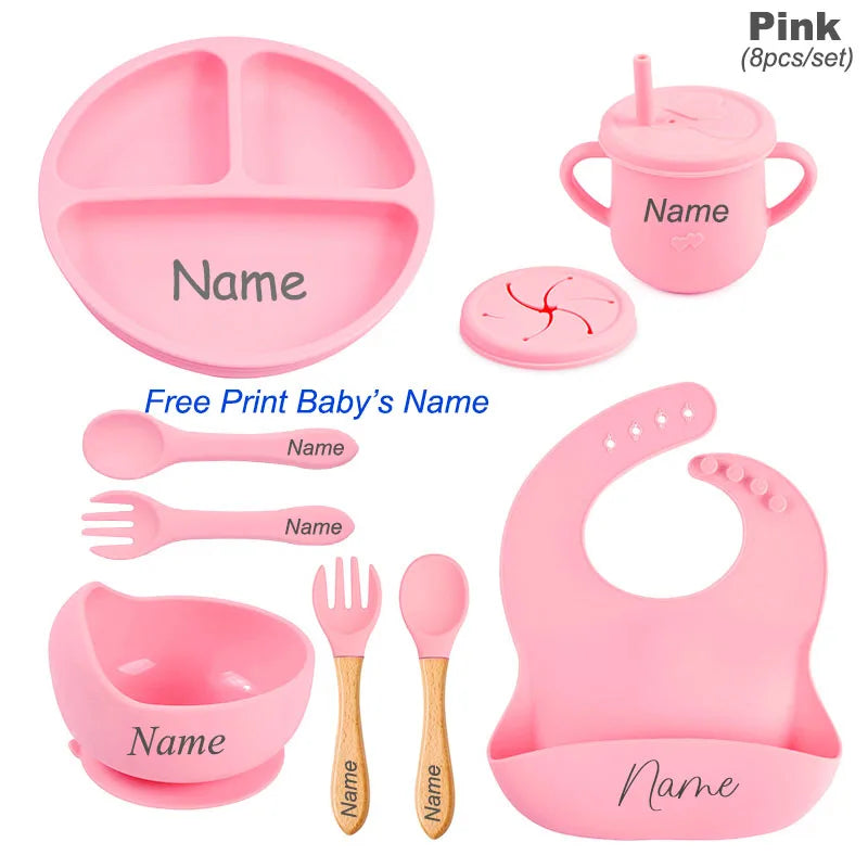 Personalized Name 8Pcs Silicone Kids Tableware Set