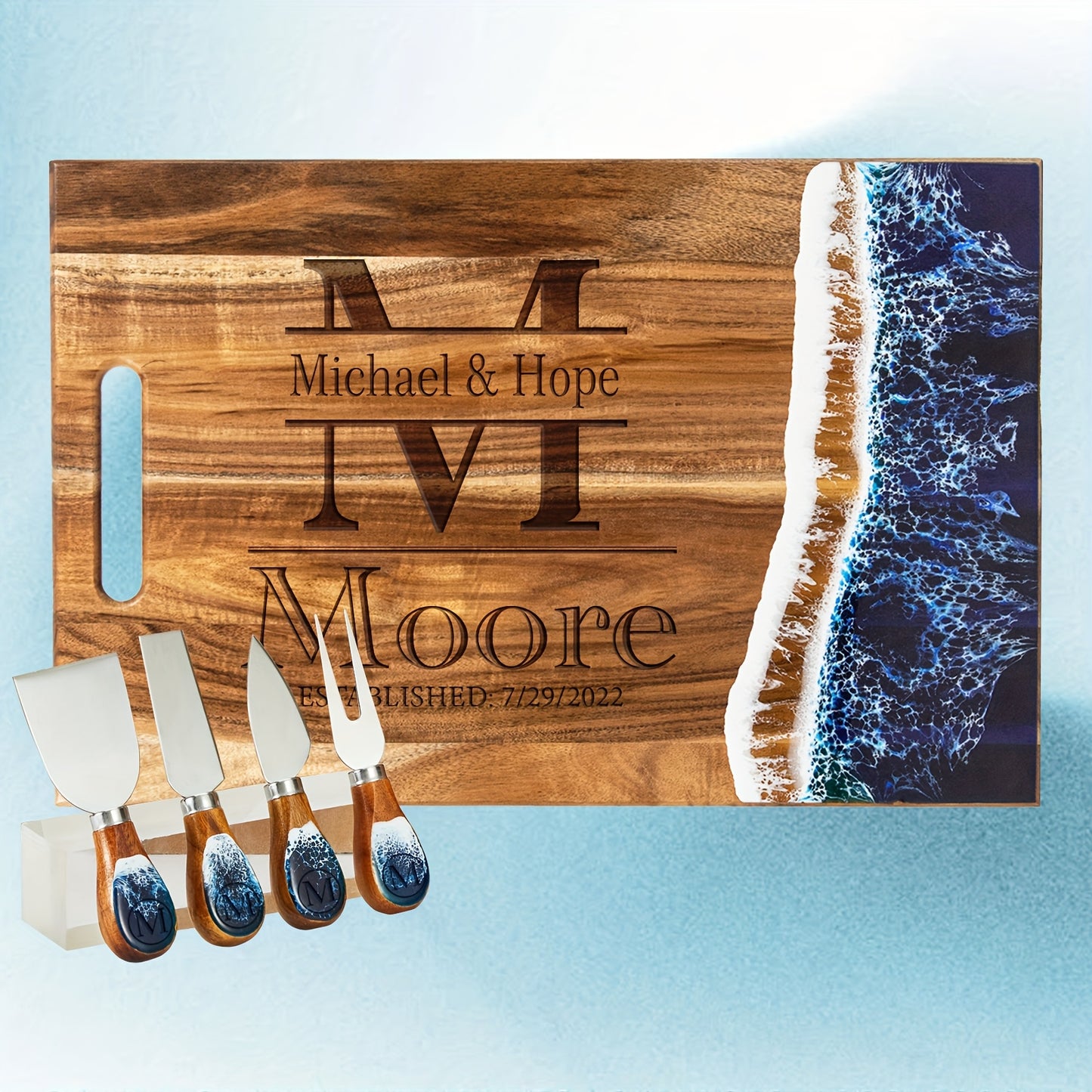 Engraved Wooden Resin Wave Cheese Board