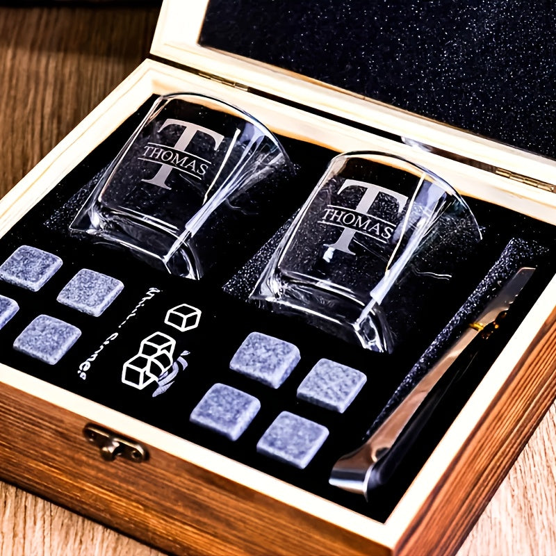 Personalized Whiskey Glass Set with Wooden Box