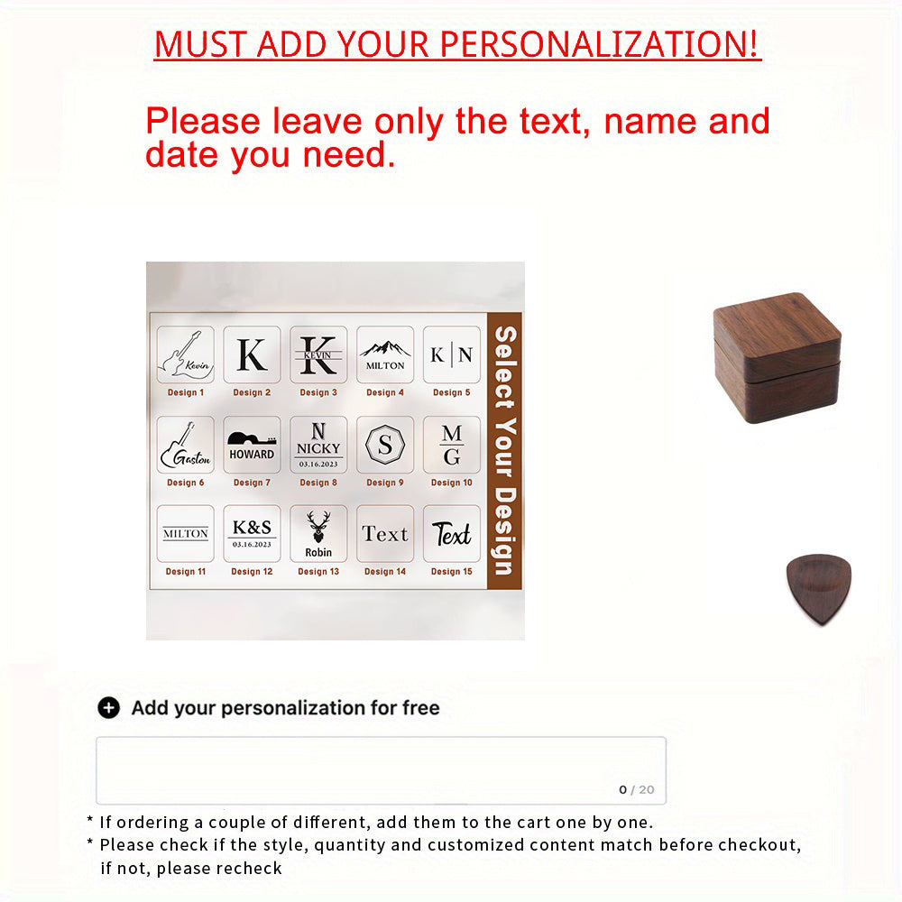 Engraved Name Wooden Guitar Picks & Box