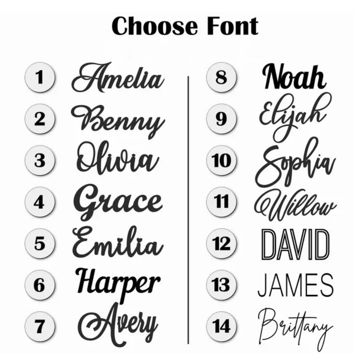 List of names with font choices on a white background
