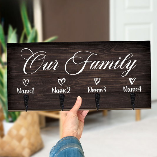 Customizable "Our Family" Wooden Key Holder - Wall-Mounted Entrance