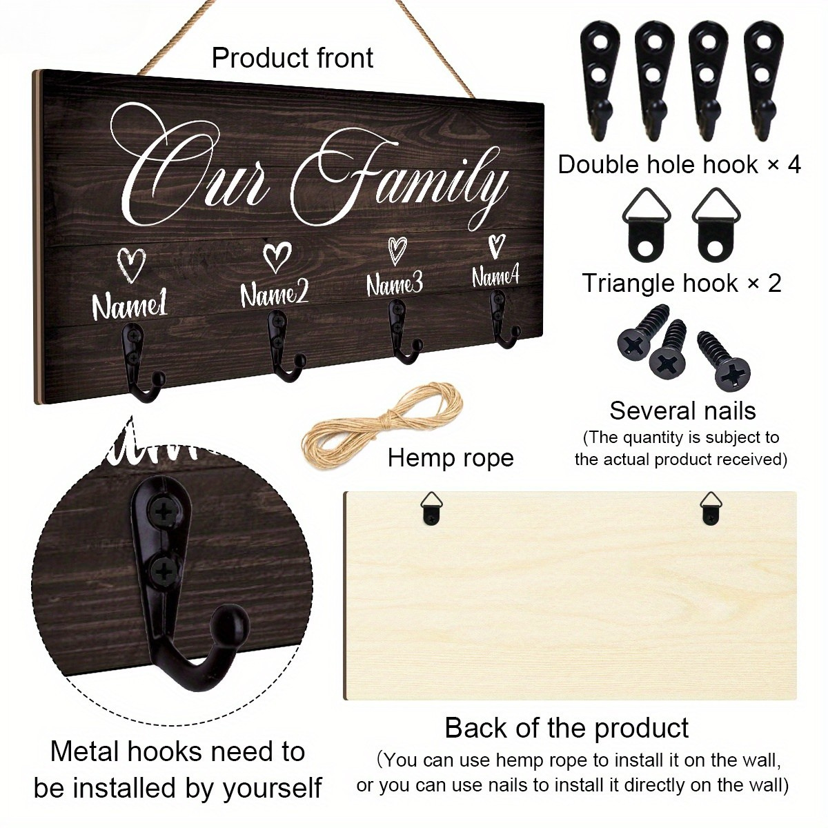 Customizable "Our Family" Wooden Key Holder - Wall-Mounted Entrance