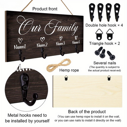 Customizable "Our Family" Wooden Key Holder - Wall-Mounted Entrance