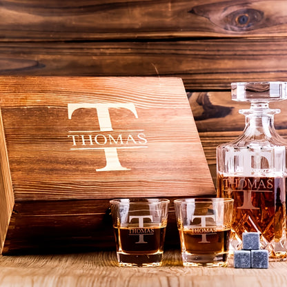 Personalized Whiskey Glass Set with Wooden Box