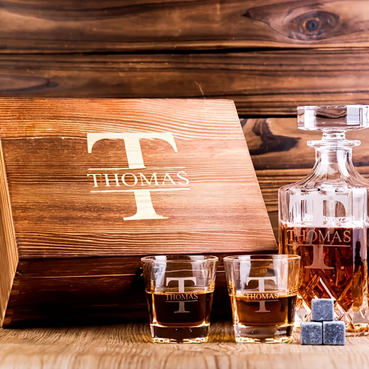 Personalized Whiskey Glass Set with Wooden Box