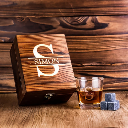 Personalized Whiskey Glass Set with Wooden Box