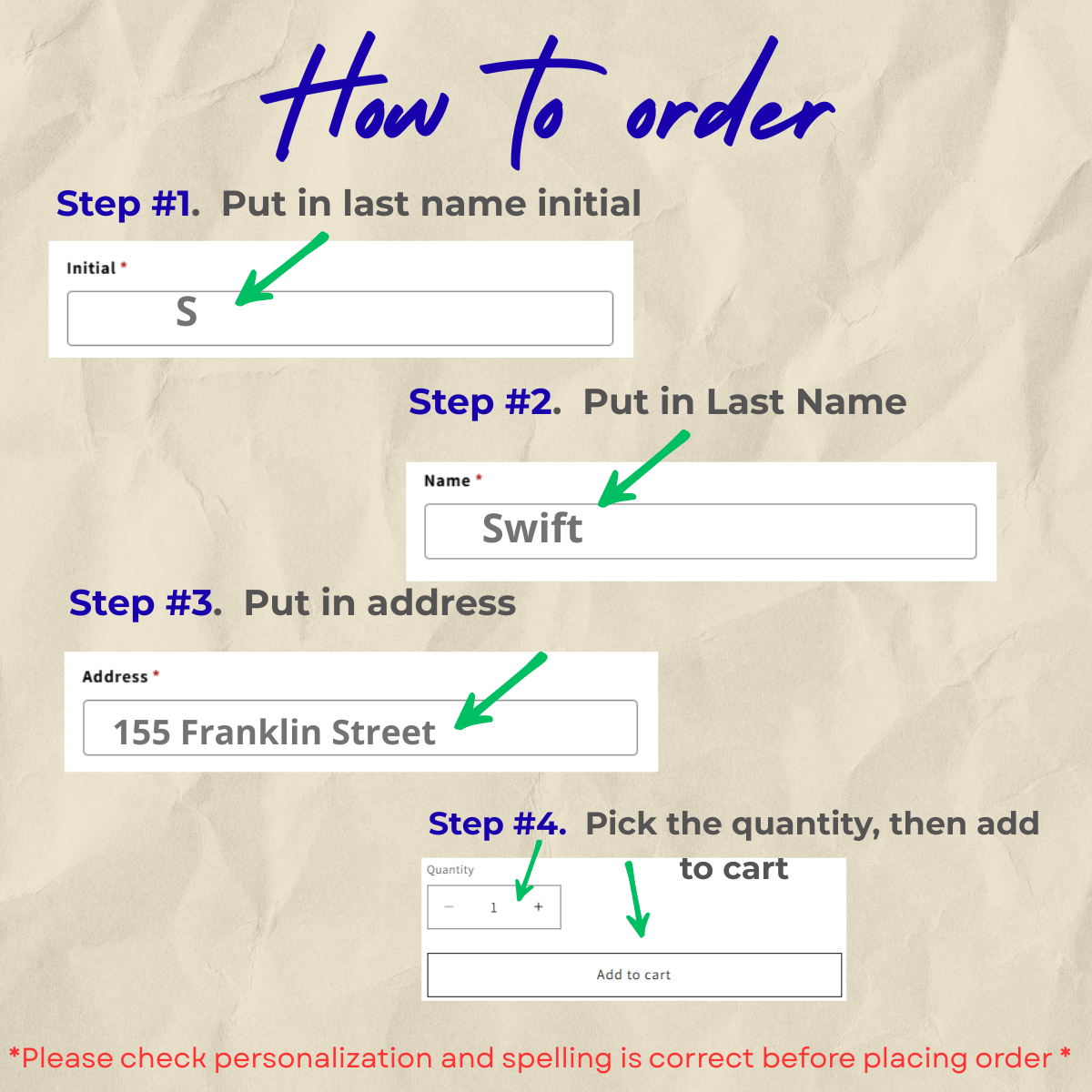 Instructions on how to order with steps for entering initial, last name, address, and quantity.