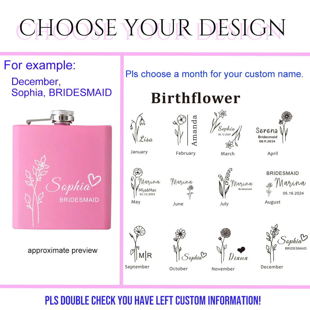 Personalized Name 6oz Pink Hip Flask