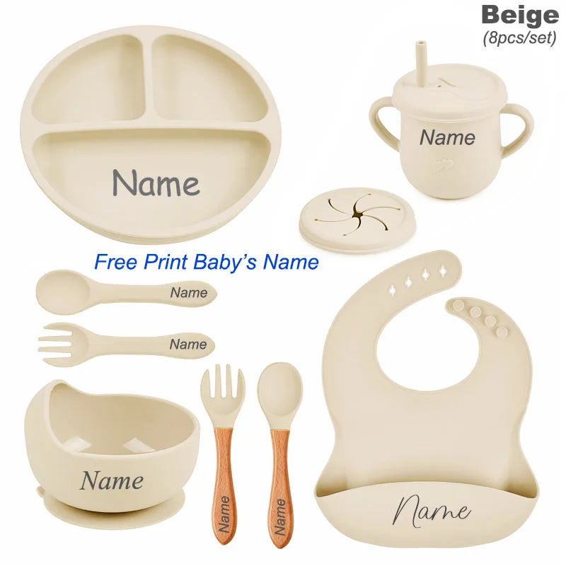 Personalized Name 8Pcs Silicone Kids Tableware Set