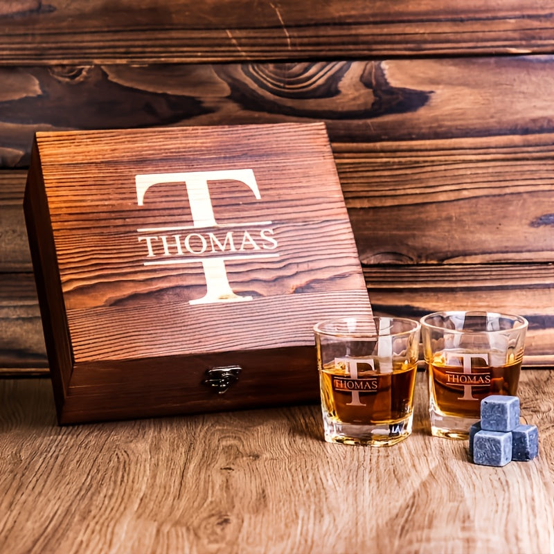 Personalized Whiskey Glass Set with Wooden Box