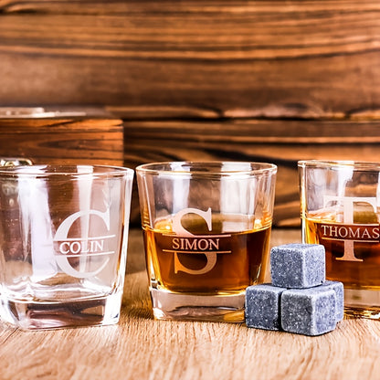 Personalized Whiskey Glass Set with Wooden Box
