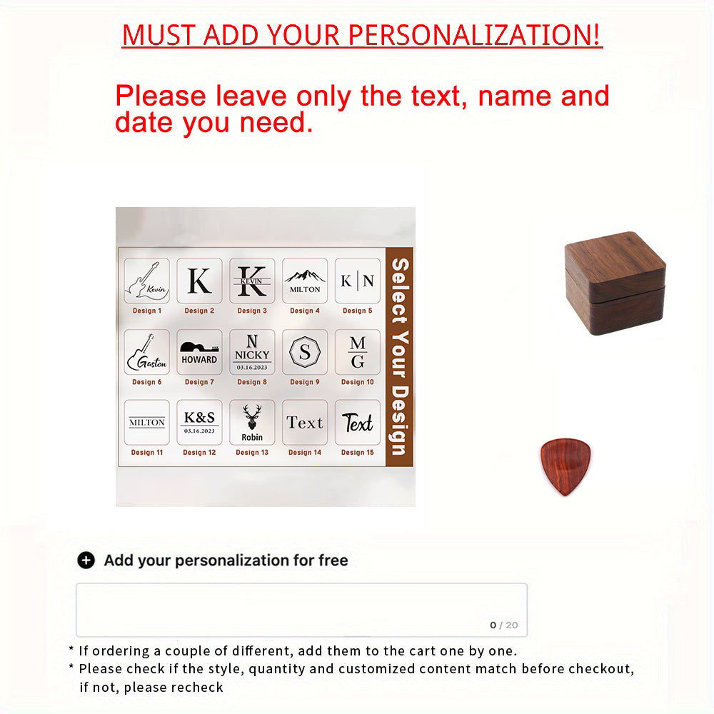 Engraved Name Wooden Guitar Picks & Box