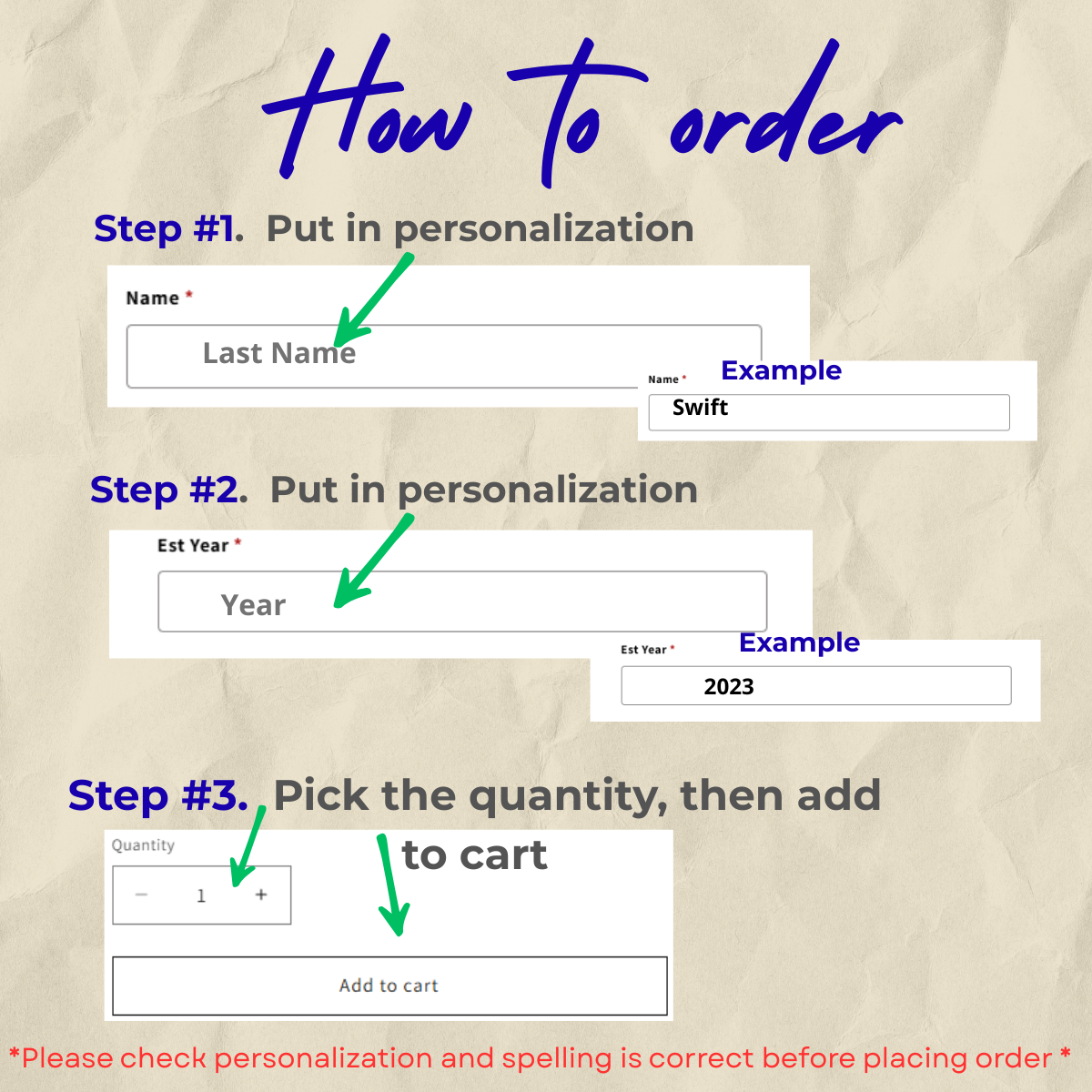 Instructions on how to order with personalization steps for name and established year